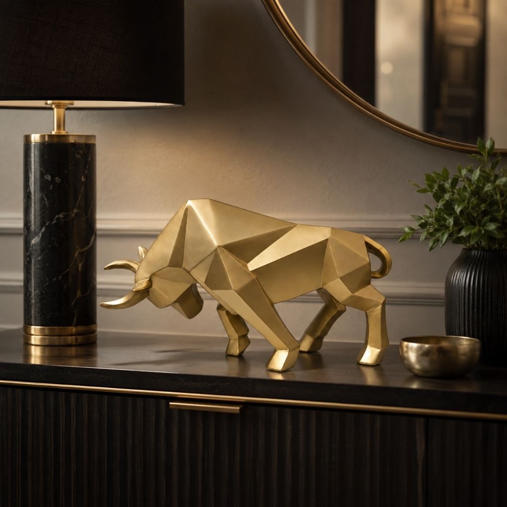 A gold faceted bull sculpture on a dark sideboard beside a marble table lamp and a small plant