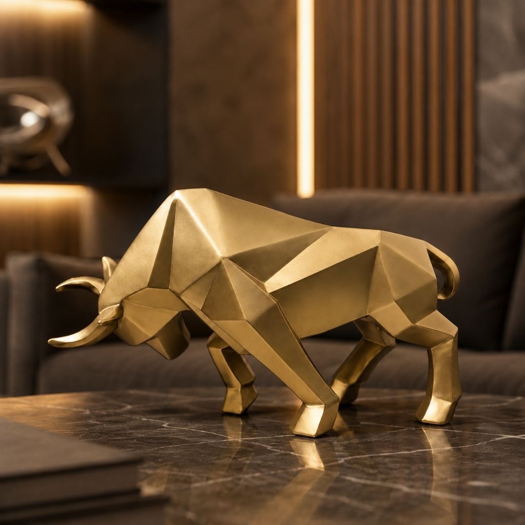 A gold geometric bull sculpture on a marble table with a softly lit lounge behind it