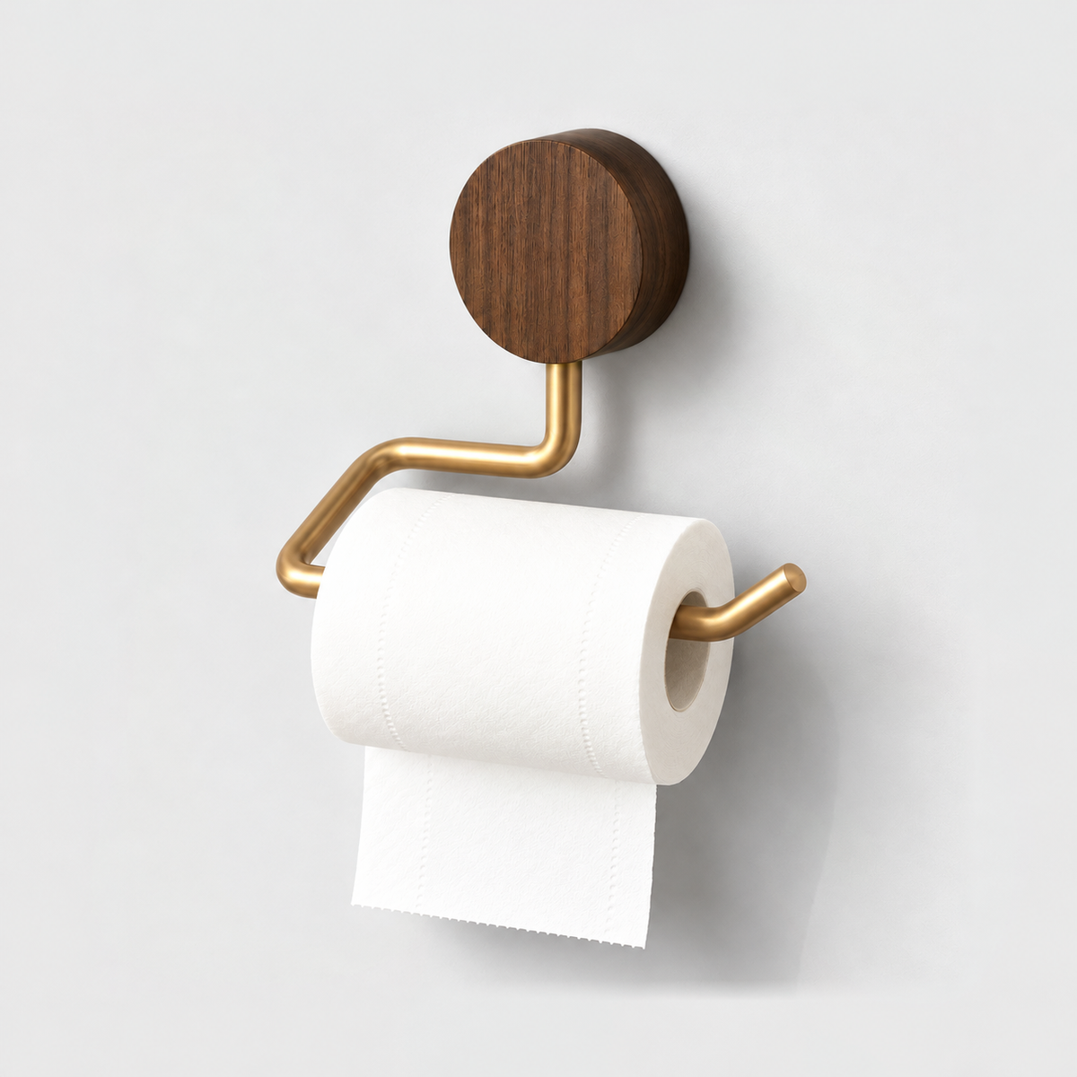 Walnut and gold toilet paper holder with a round wood disc and an open-ended arm holding a roll
