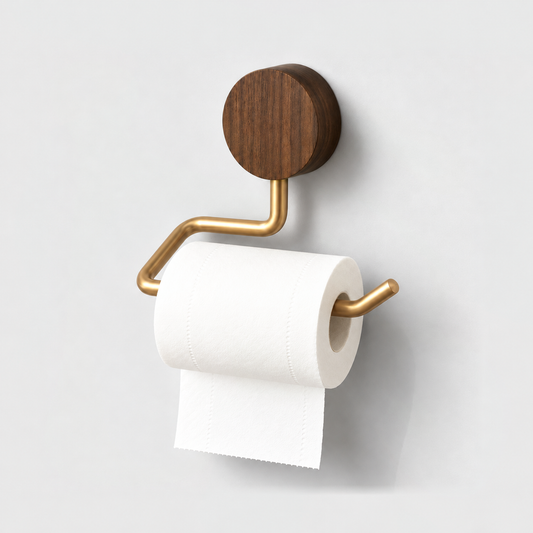 Walnut and gold toilet paper holder with a round wood disc and an open-ended arm holding a roll