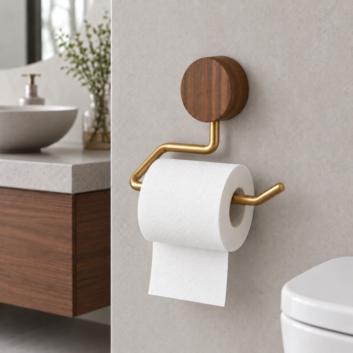 Walnut and gold toilet paper holder with a roll, mounted beside a toilet in a pale microcement bathroom
