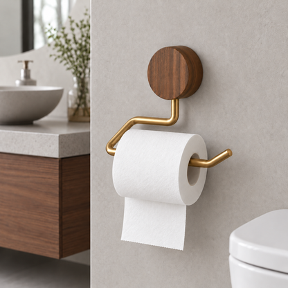 Walnut and gold toilet paper holder with a roll, mounted beside a toilet in a pale microcement bathroom