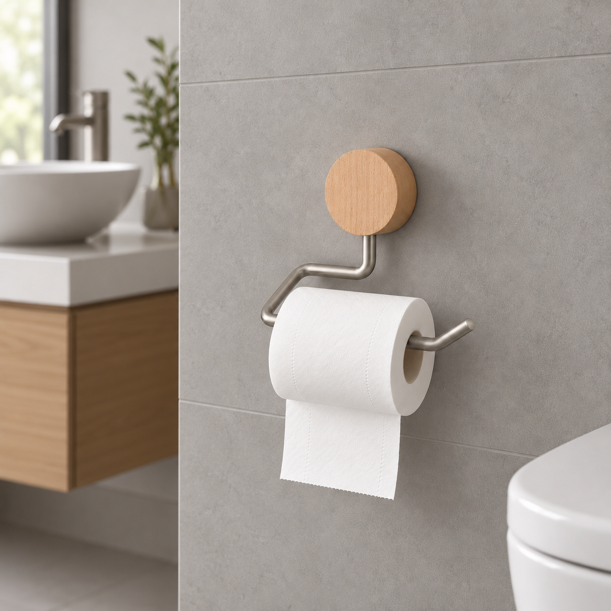 Natural wood and silver toilet paper holder with a roll on a light gray tiled bathroom wall