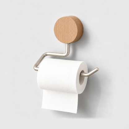 Natural wood and silver toilet paper holder with a roll