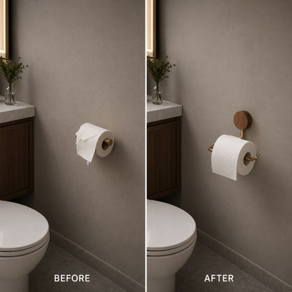 Before and after: a plain roll holder replaced by the walnut and gold toilet paper holder beside a toilet