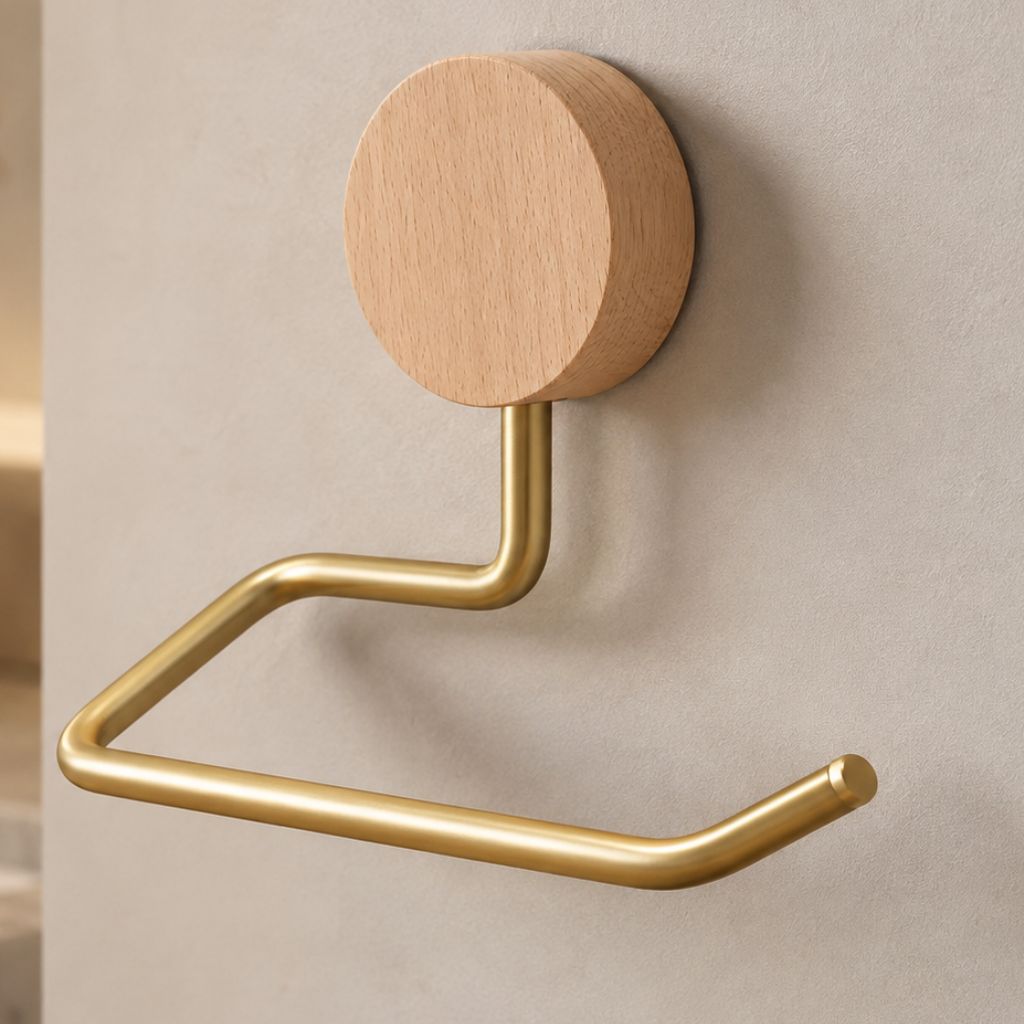 Natural wood and gold toilet paper holder with an open-ended arm on a pale wall