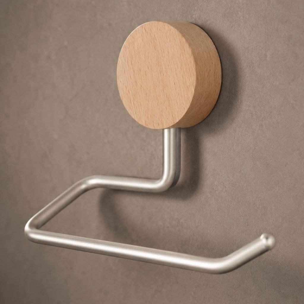 Natural wood and silver toilet paper holder with an open-ended arm on a taupe wall