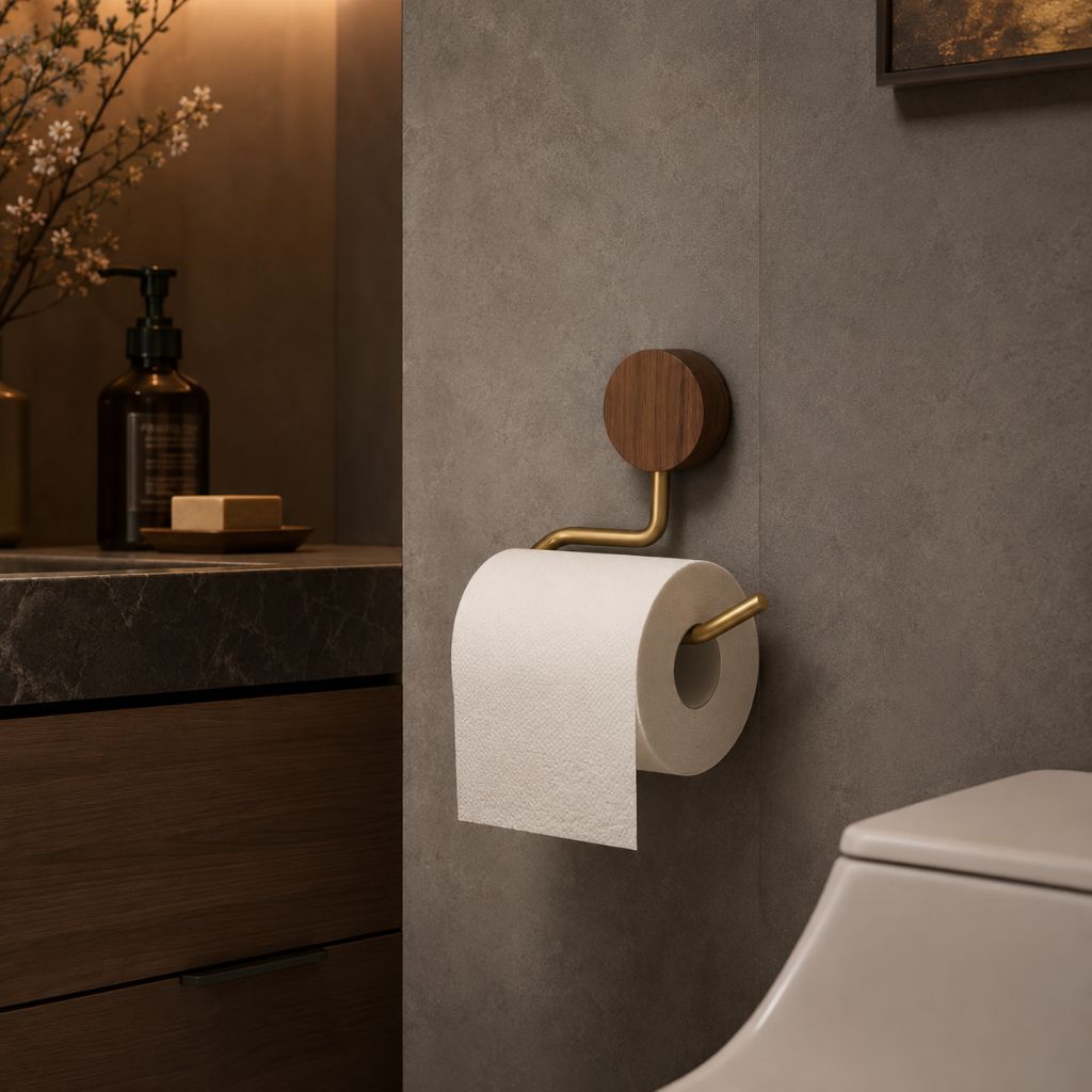 Walnut and gold toilet paper holder with a roll, beside a dark wood vanity and a toilet