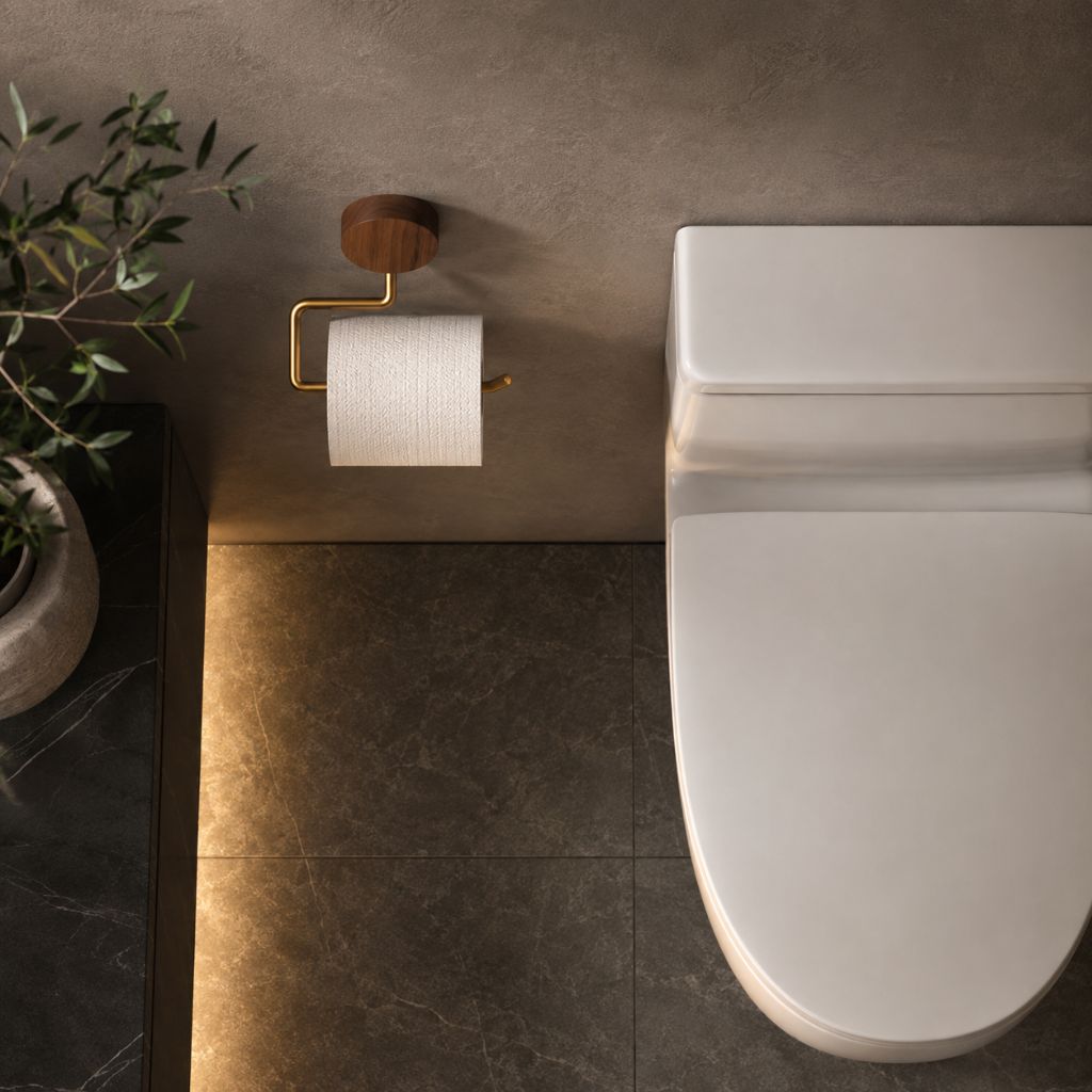 Overhead view of the walnut and gold toilet paper holder with a roll beside a toilet