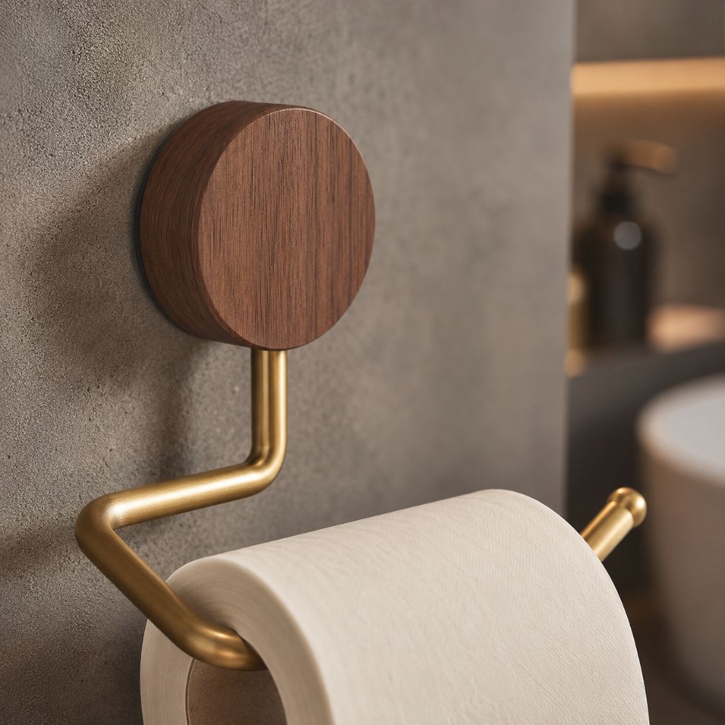 Close-up of the walnut wood disc and brushed gold arm holding a roll