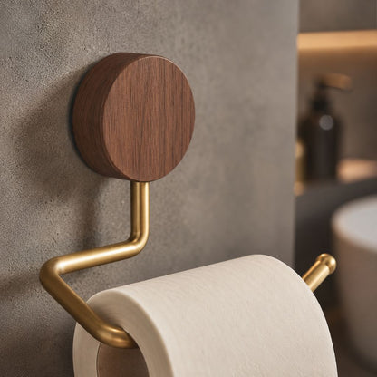 Close-up of the walnut wood disc and brushed gold arm holding a roll