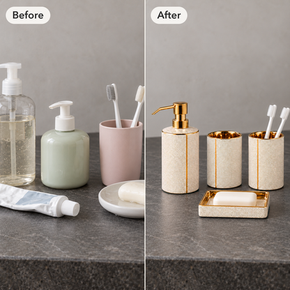 Before and after: a bathroom counter crowded with mismatched plastic pump bottles, a plastic cup and a soap bar on a saucer, then the same counter with the white ceramic set of four