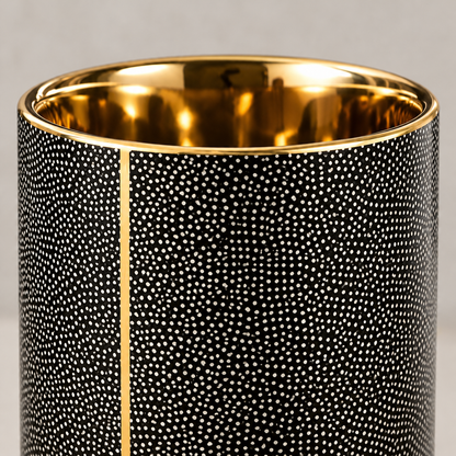 Close-up of the black tumbler rim: tiny cream dots in swirling rows, a thin gold-coated rim line and seam, and the gold-coated inside