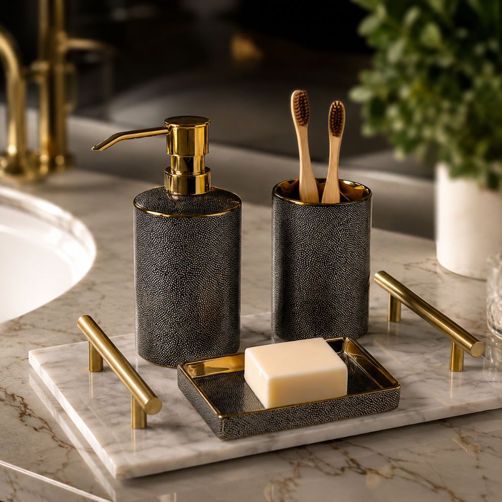Black ceramic soap dispenser, tumbler and soap dish on a marble bathroom vanity, shown on a marble tray (tray not included)