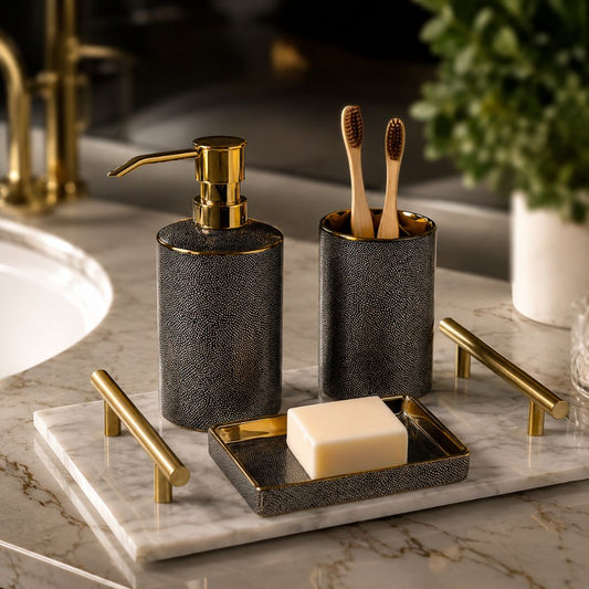 Black ceramic soap dispenser, tumbler and soap dish on a marble bathroom vanity, shown on a marble tray (tray not included)