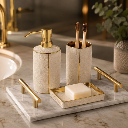 White ceramic soap dispenser, tumbler and soap dish beside a basin, shown on a marble tray (tray not included)