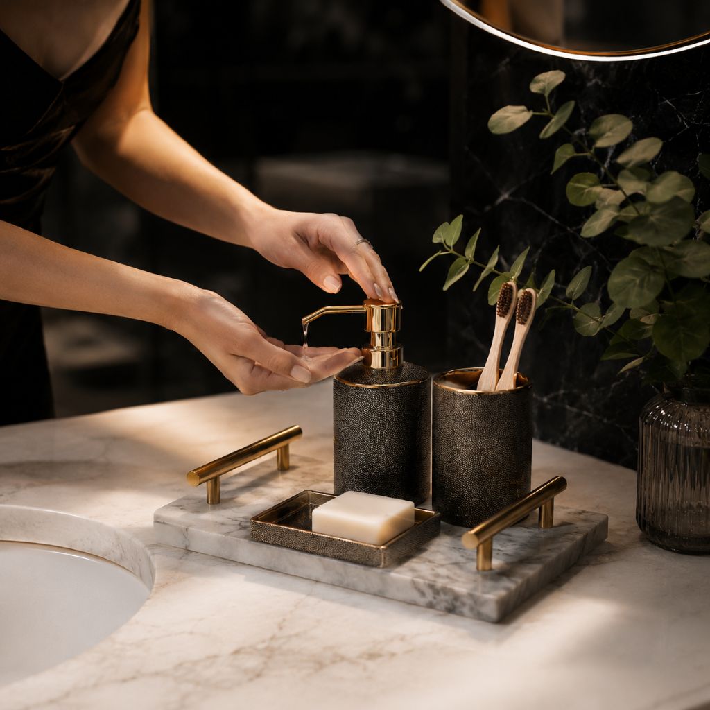 Hands pumping soap from the black ceramic dispenser, with the black tumbler and soap dish on a marble tray (tray not included)