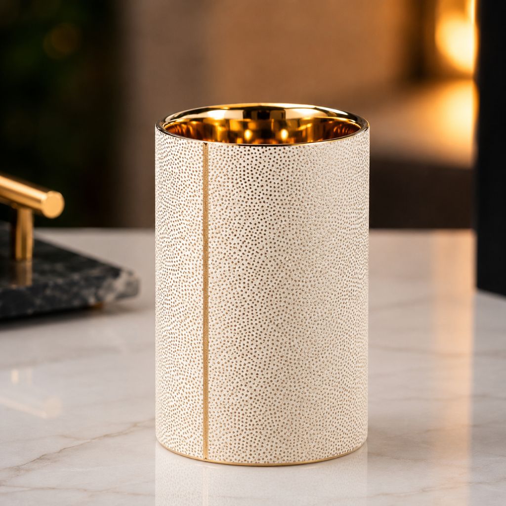 White ceramic tumbler with tan dots, a gold-coated rim and a gold-coated inside