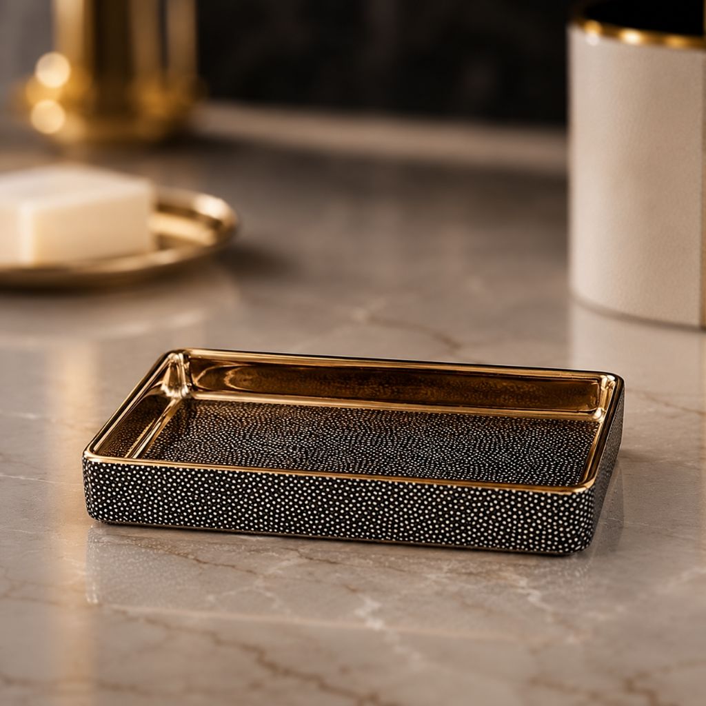 Black ceramic soap dish with gold-coated inner walls and a dotted floor