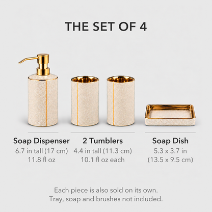 The set of 4: soap dispenser 6.7 inches (17 cm) tall and 11.8 fl oz, two tumblers 4.4 inches (11.3 cm) tall and 10.1 fl oz each, soap dish 5.3 by 3.7 inches (13.5 by 9.5 cm)