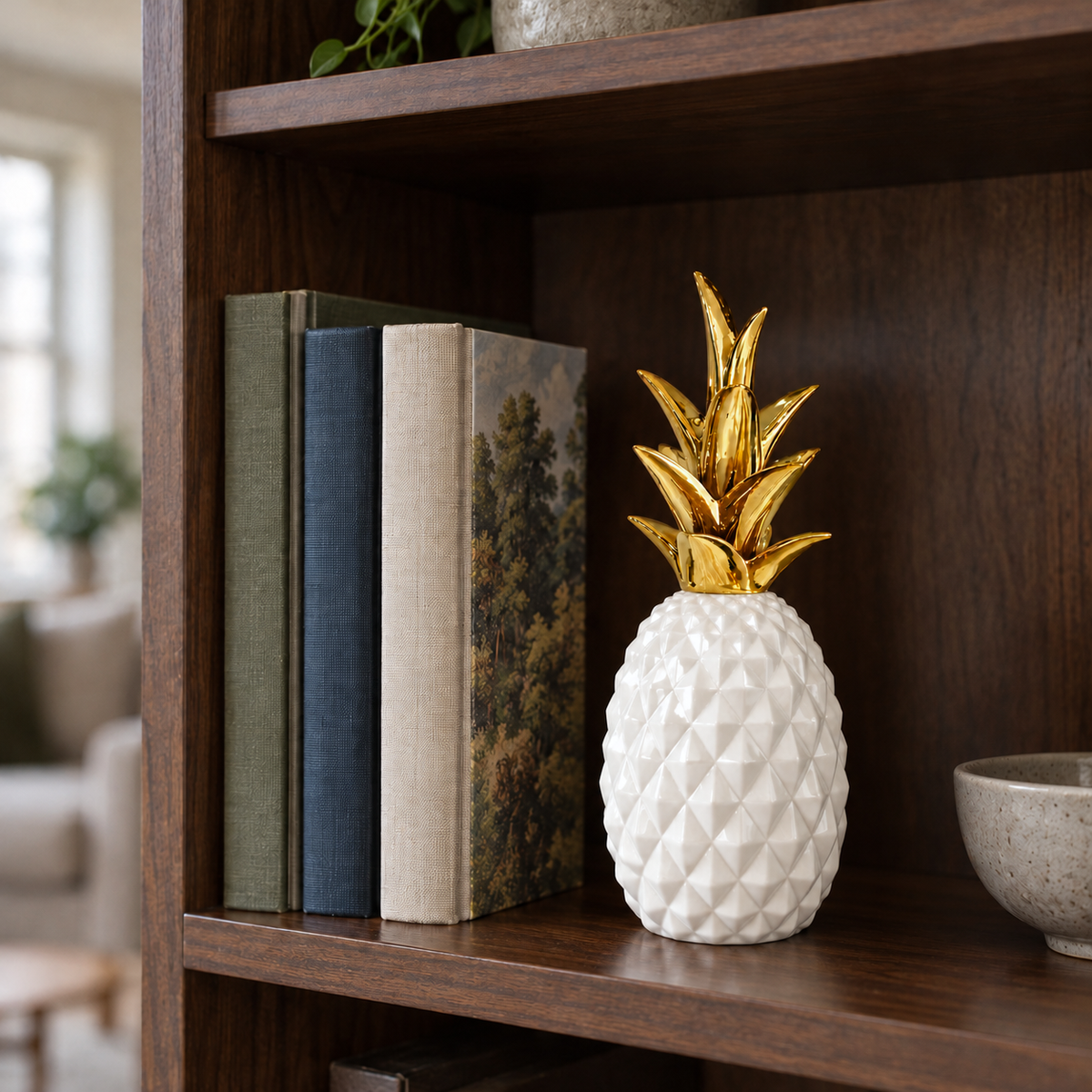 A glossy white faceted pineapple sculpture with a gold crown on a walnut bookshelf beside hardback books