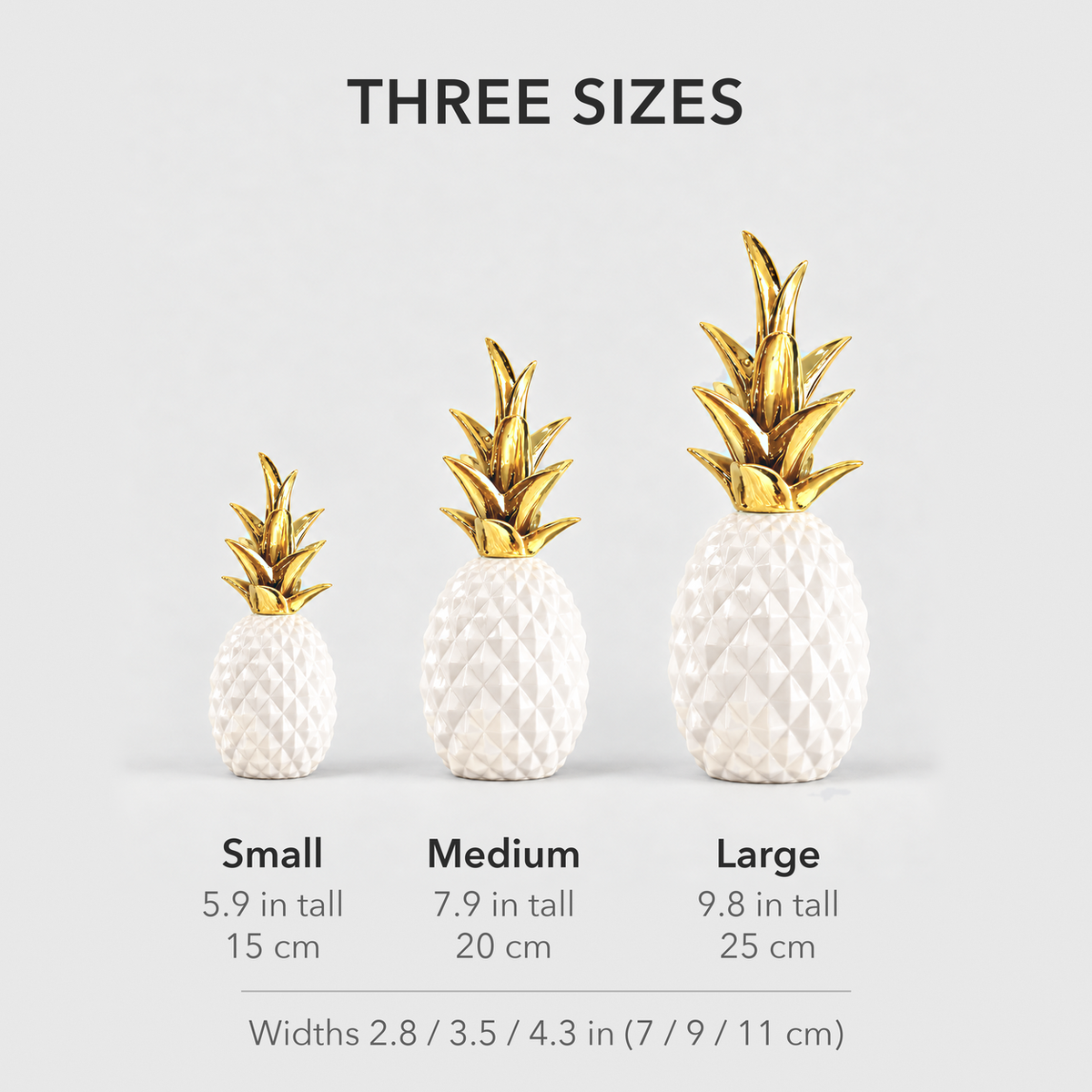 Text image: Three sizes, small 5.9 inches, medium 7.9 inches and large 9.8 inches tall, shown side by side