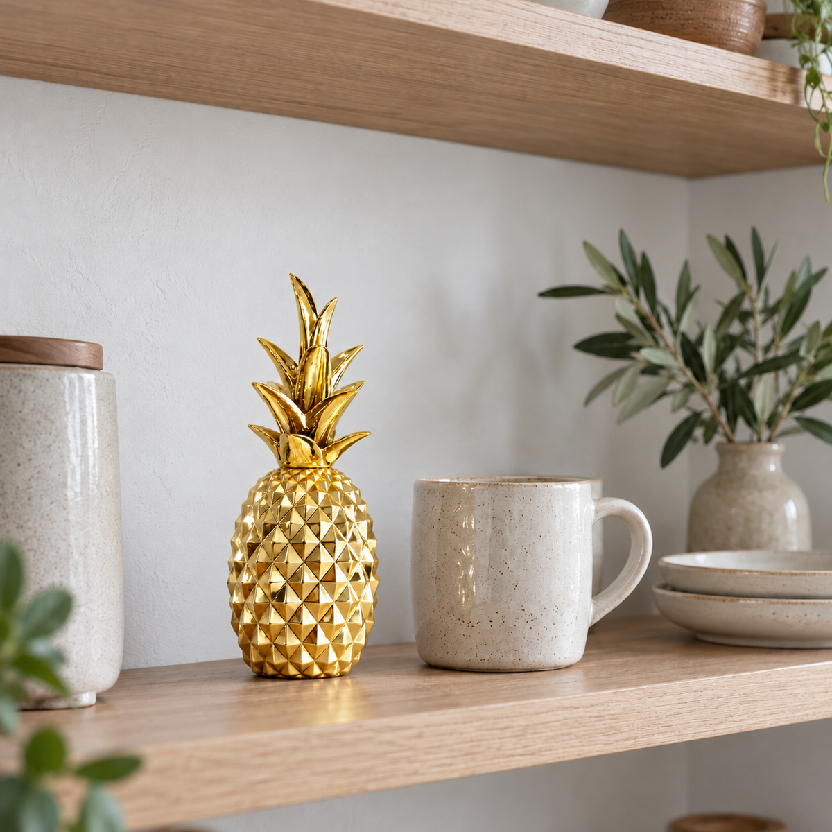 A mirror-gold faceted pineapple sculpture on an oak kitchen shelf beside a stoneware mug and stacked plates