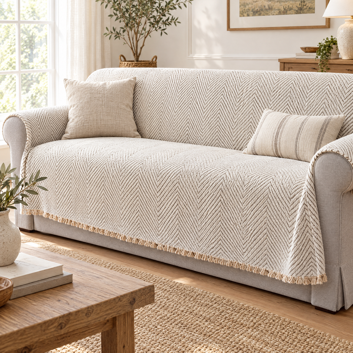 Ivory herringbone cover over a rolled-arm sofa in a bright living room, with linen cushions, a jute rug and a wooden coffee table