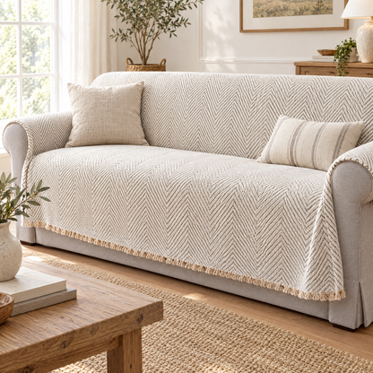 Ivory herringbone cover over a rolled-arm sofa in a bright living room, with linen cushions, a jute rug and a wooden coffee table