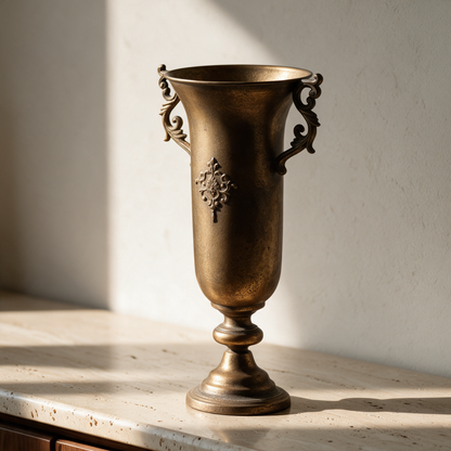 Antique gold urn vase with two scrolled handles and a raised crest, standing empty on a travertine counter