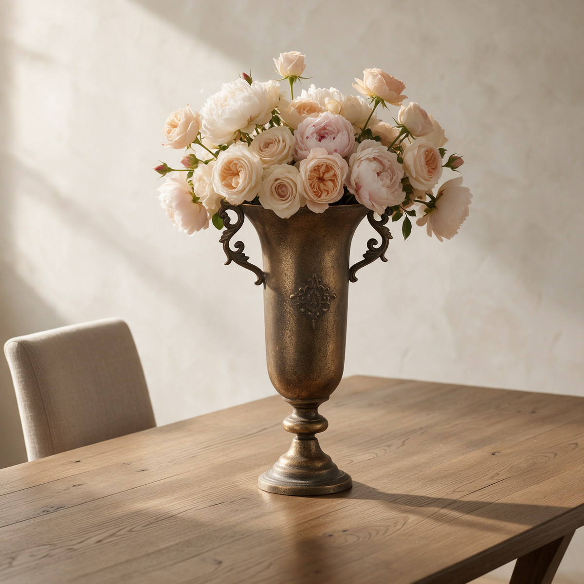 Antique gold vase with scrolled handles holding pale roses and peonies on an oak dining table