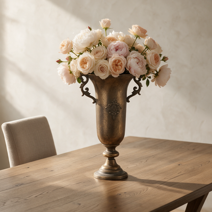 Antique gold vase with scrolled handles holding pale roses and peonies on an oak dining table