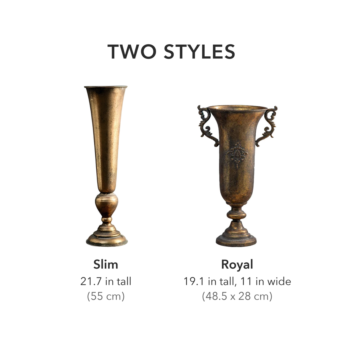 Text card comparing the two styles: the Slim trumpet vase at 21.7 inches tall and the Royal urn at 19.1 inches tall and 11 inches wide