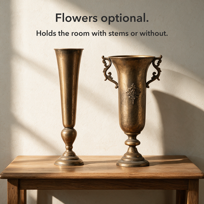 Text card reading Flowers optional over the Slim and Royal antique gold vases standing empty side by side on a wooden table