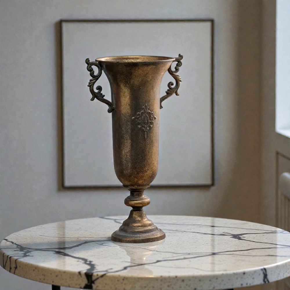 Antique gold urn vase with scrolled handles standing empty on a round marble side table