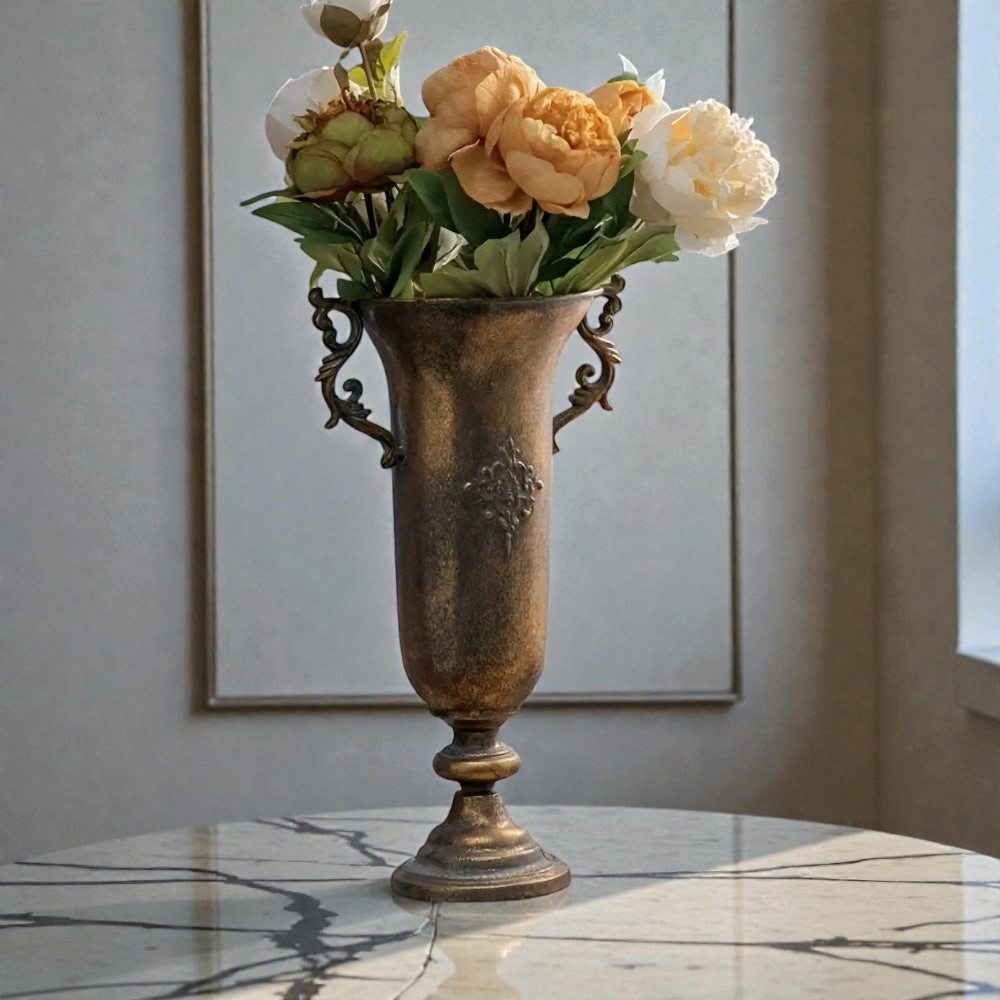 Antique gold vase with scrolled handles holding orange and white peonies on a marble table