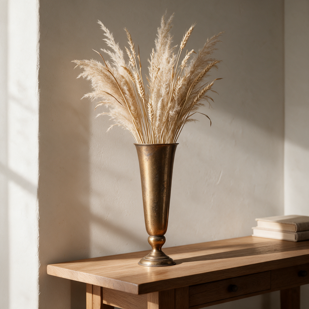 Tall antique gold trumpet vase holding dried pampas grass on an oak console table