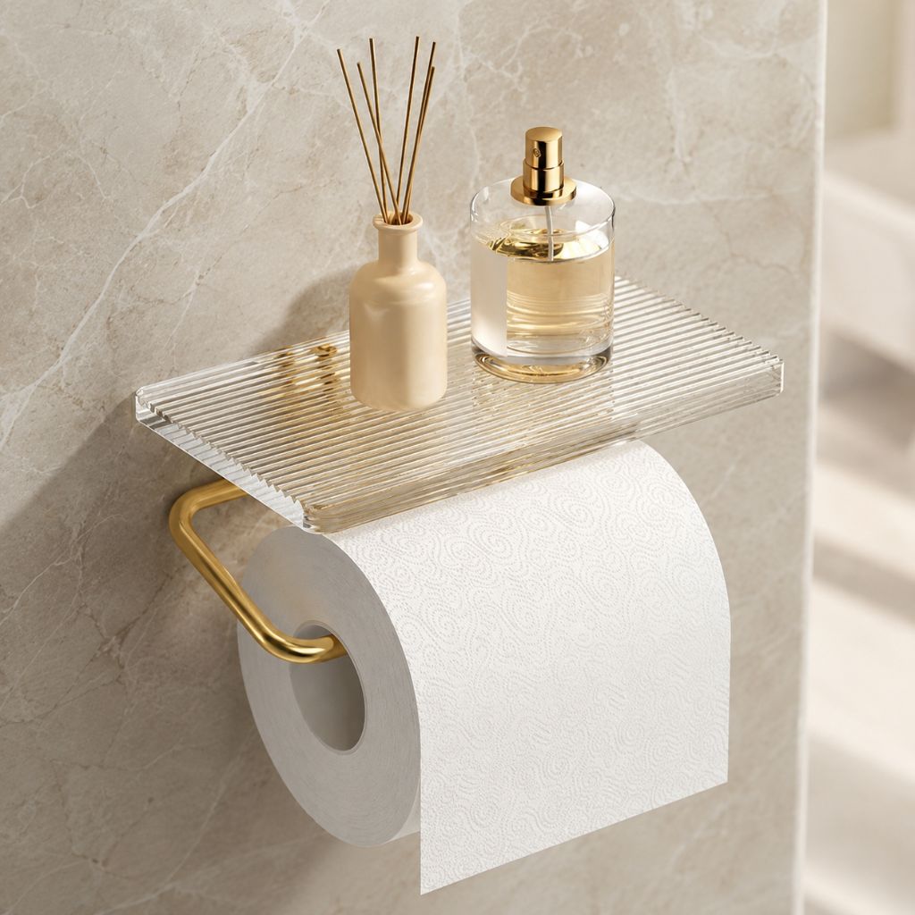 Gold toilet paper holder with a clear fluted acrylic shelf on a beige marble wall, with a reed diffuser and a perfume bottle on the shelf