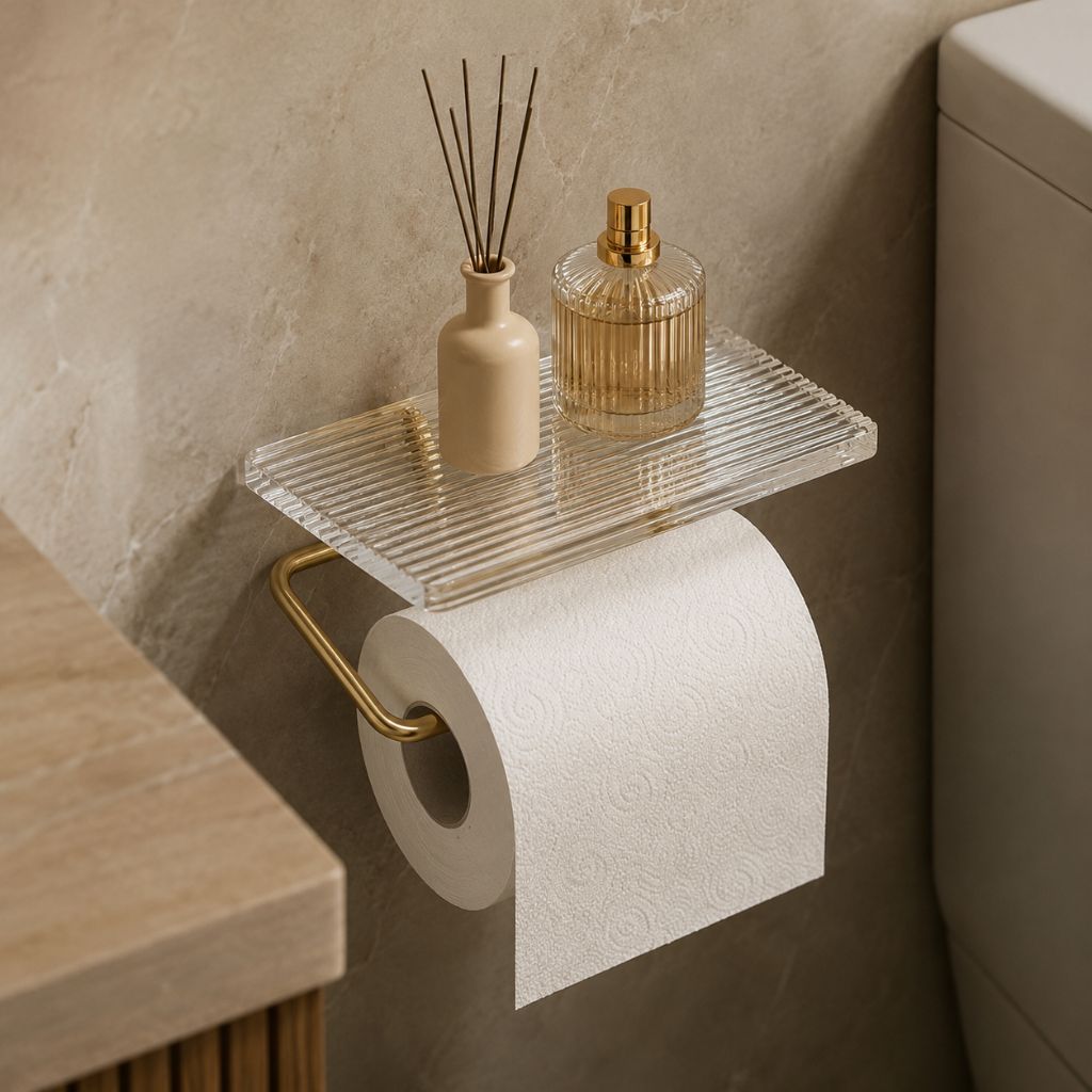 Gold toilet paper holder with a clear acrylic shelf on a warm stone wall between a stone counter and a toilet