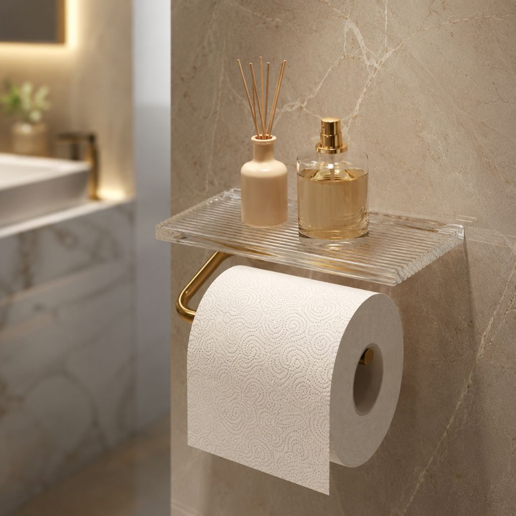 Gold toilet paper holder with a clear fluted shelf on a marble bathroom wall, a basin softly out of focus behind
