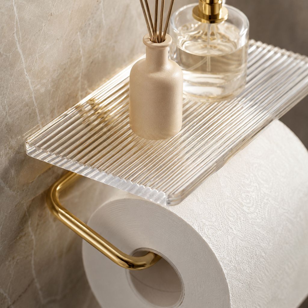 Close-up from above of the clear fluted acrylic shelf and the gold arm, with a roll below