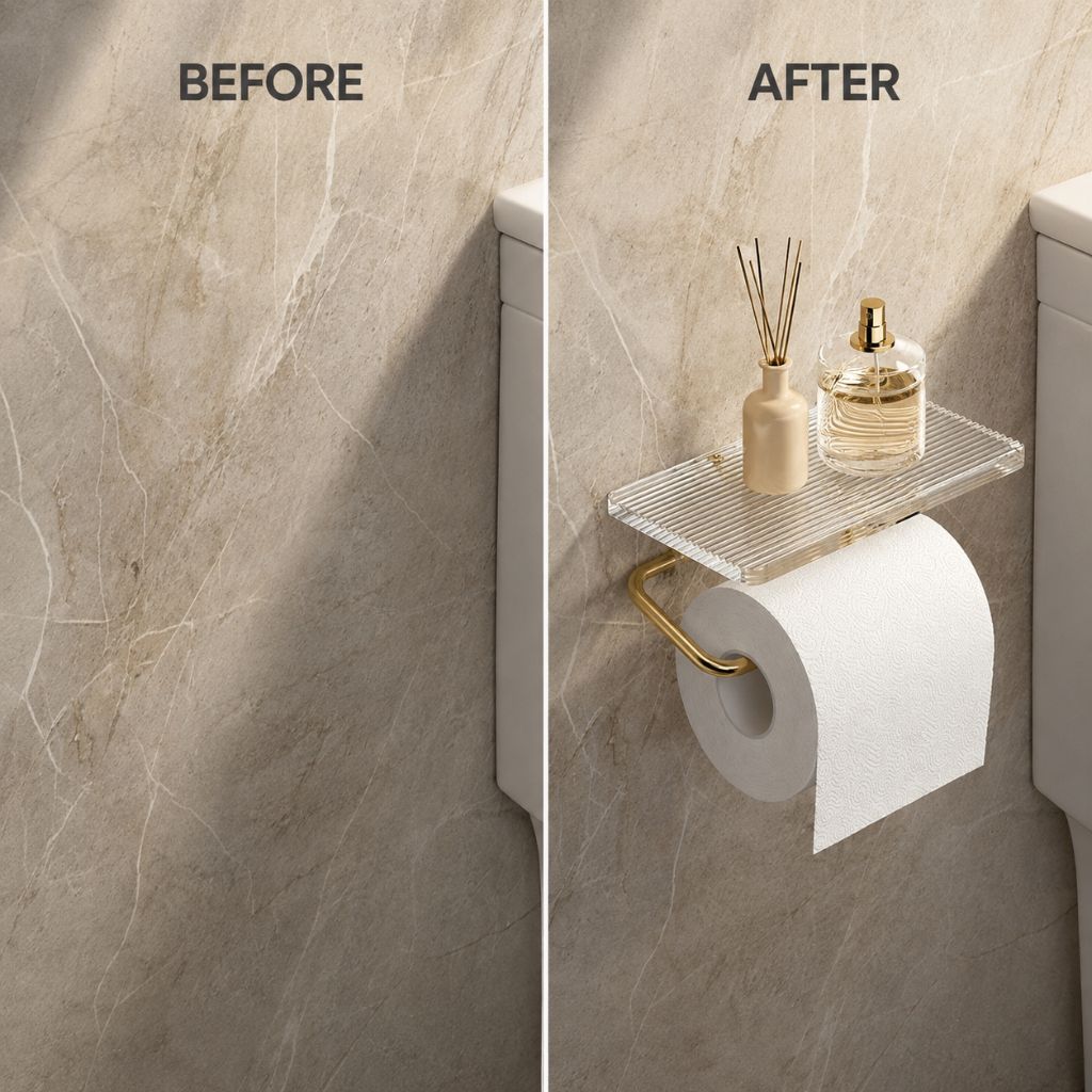 Before and after view of a bare marble wall beside a toilet and the same wall with the gold acrylic shelf holder fitted