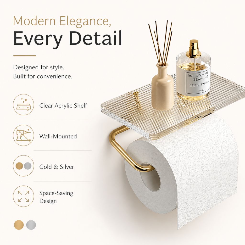 Feature graphic for the gold holder listing a clear acrylic shelf, wall mounting, gold and silver finishes and a space-saving design
