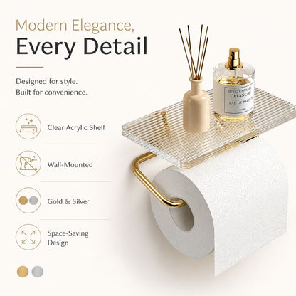 Feature graphic for the gold holder listing a clear acrylic shelf, wall mounting, gold and silver finishes and a space-saving design