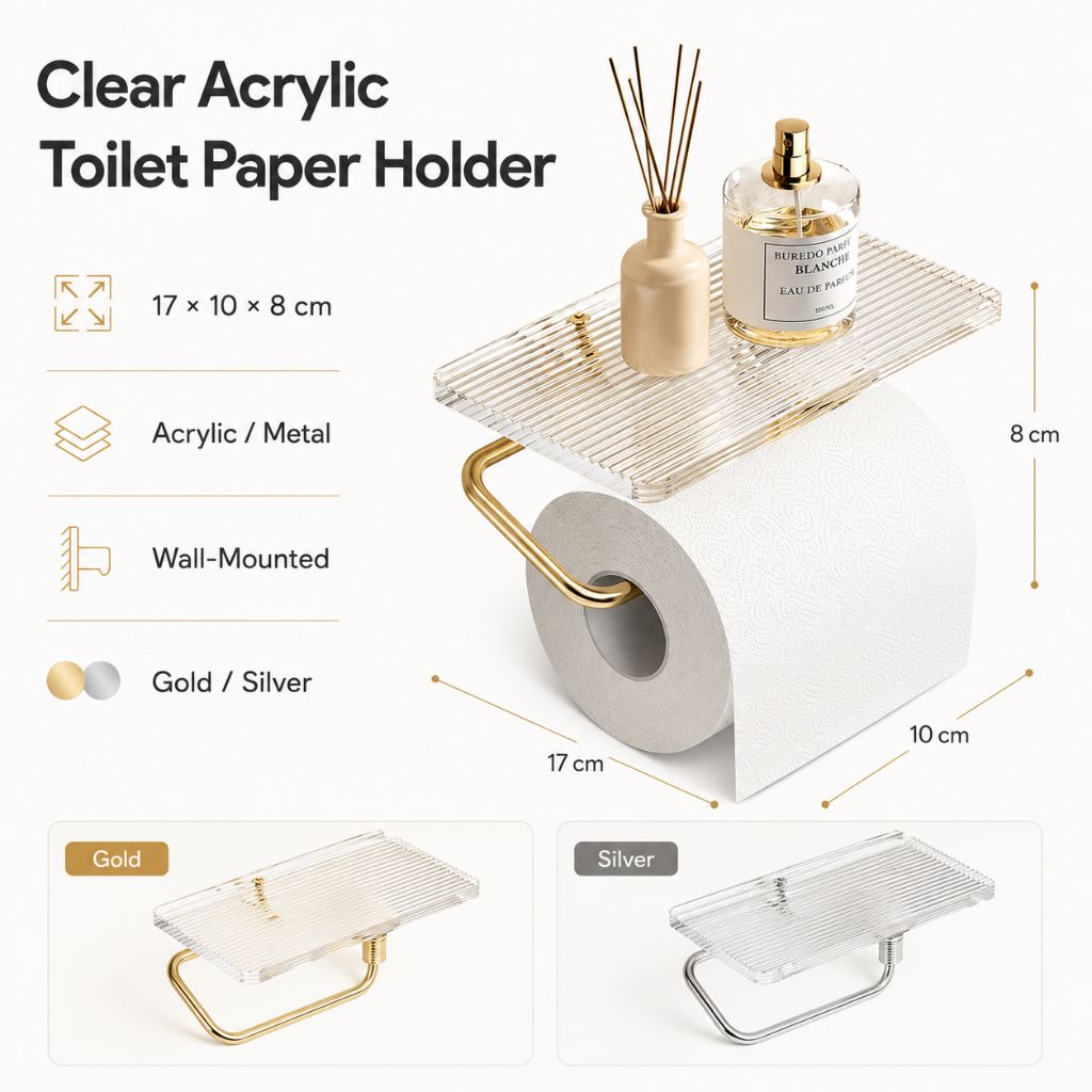 Specification graphic for the gold holder showing 17 by 10 by 8 centimeters, acrylic and metal, wall mounting and the gold and silver finishes