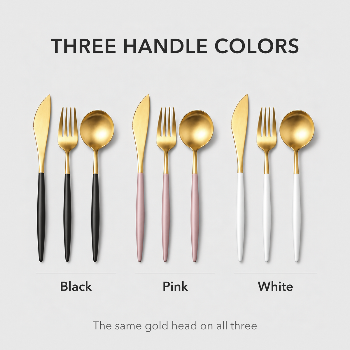 Three handle colors, black, pink and white, each with the same gold head