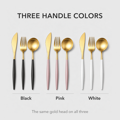 Three handle colors, black, pink and white, each with the same gold head