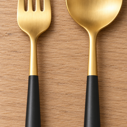 Close-up of the satin gold neck meeting the black handle on a fork and a spoon