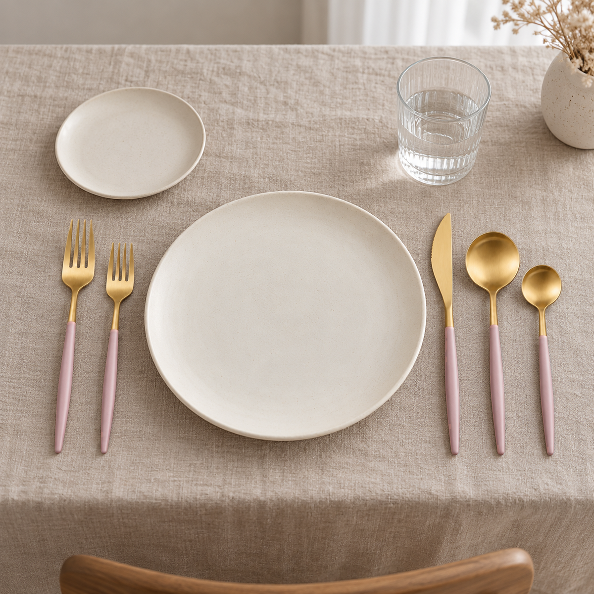 Pink-handled gold flatware beside a cream plate on a linen tablecloth