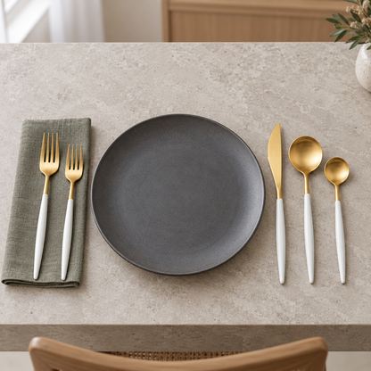 White-handled gold flatware beside a charcoal plate on a pale stone table